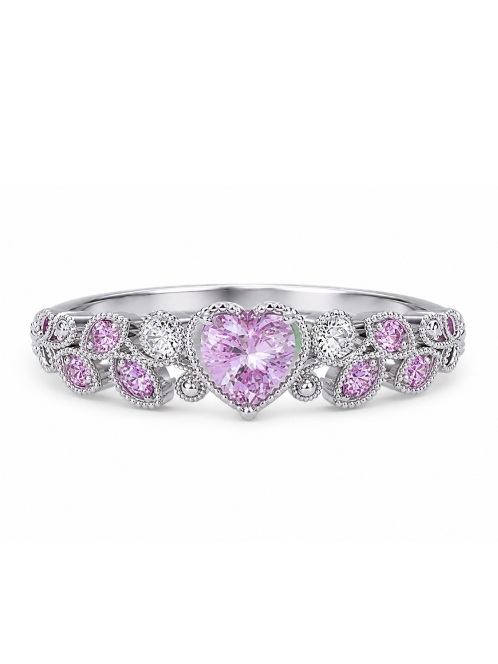 Pink Heart CZ Ring Silver Tone – Romantic Statement Band Sparkly Elegant